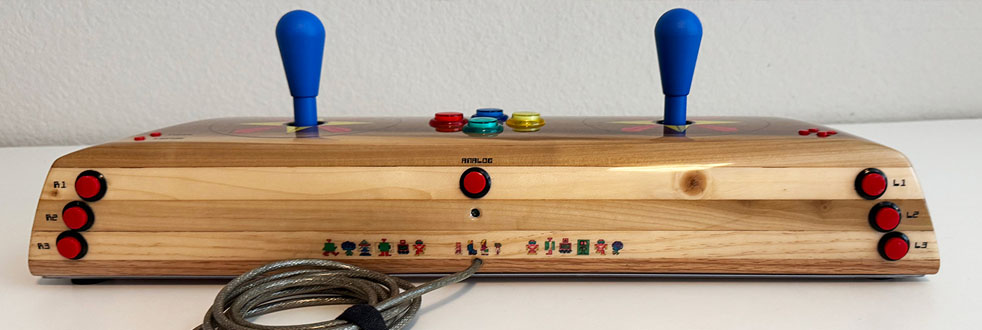 photograph of a wooden video game joystick